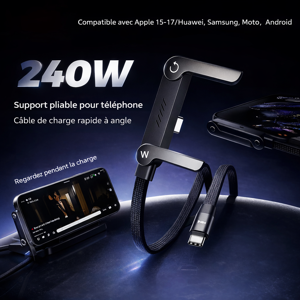 Câble de Chargement Ultra-Rapide 240W avec Support Intégré pour Téléphone