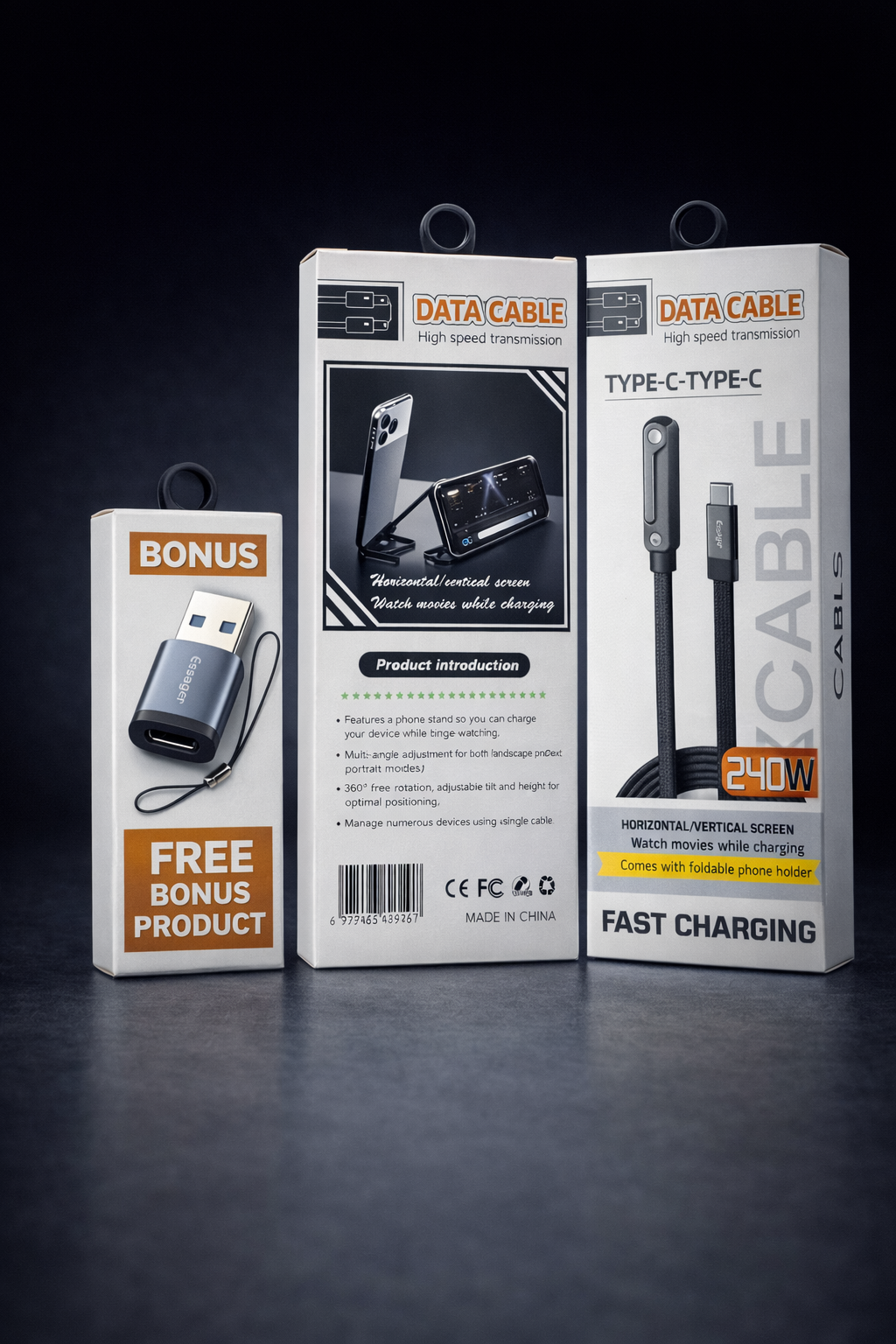 Câble de Chargement Ultra-Rapide 240W avec Support Intégré pour Téléphone