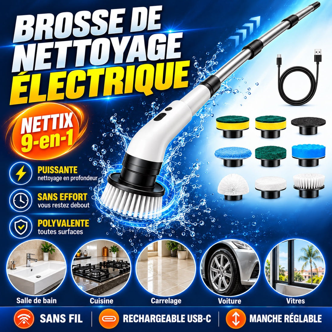 NETTIX — la brosse électrique 9-en-1 qui frotte à votre place