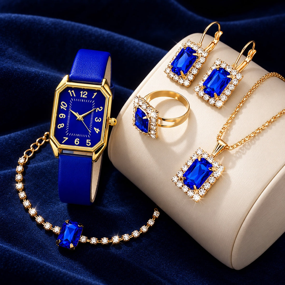 Coffret SAPHIRA — Montre & Bijoux Bleu Saphir (6 pièces)